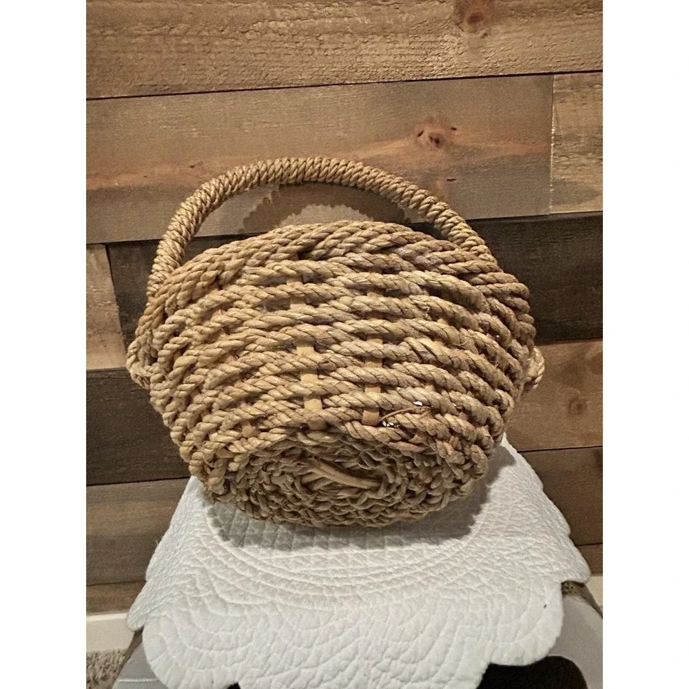 Vintage Woven Jute Rope Basket Round, Wicker And Jute Rope Weaving 12